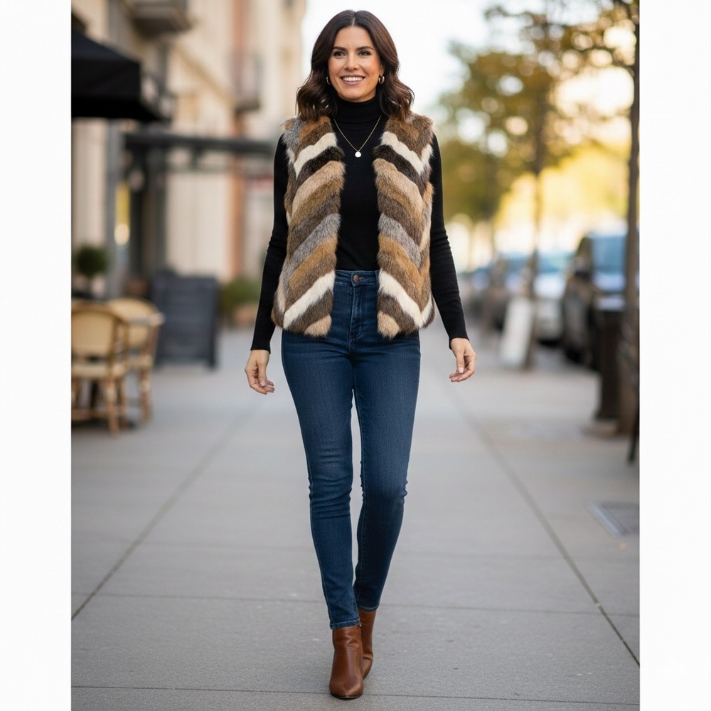 Chico's Chevron Faux Fur Vest in Earth Tones